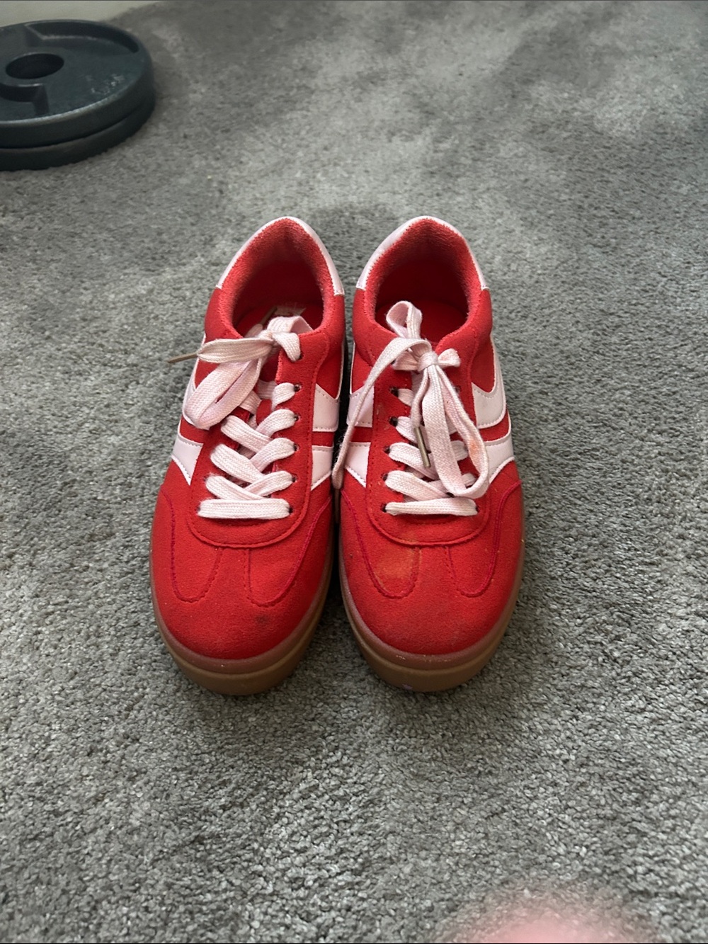 Red Suede Retro Sneakers with Pink Accents